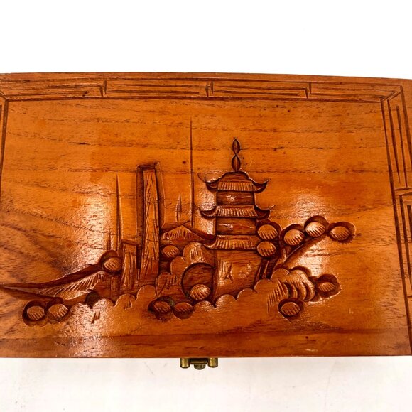 Vintage Wooden Pagoda Jewelry Box Mirrored Carved Design Red Velvet Interior - Picture 2 of 6